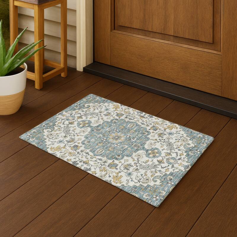 Machine Washable Indoor/ Outdoor Traditional Savannah Chantille Rug - Teal - 1'8" x 2'6"