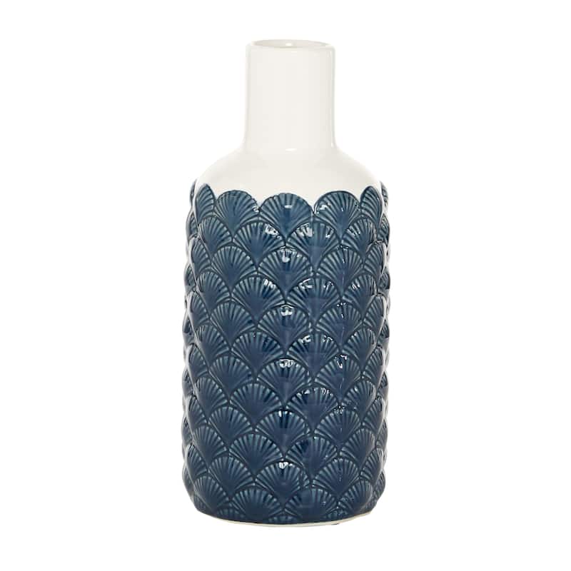 Ceramic Vase with Shell Designs - Blue - Roche River Decor - 6"W x 6"L x 13"H