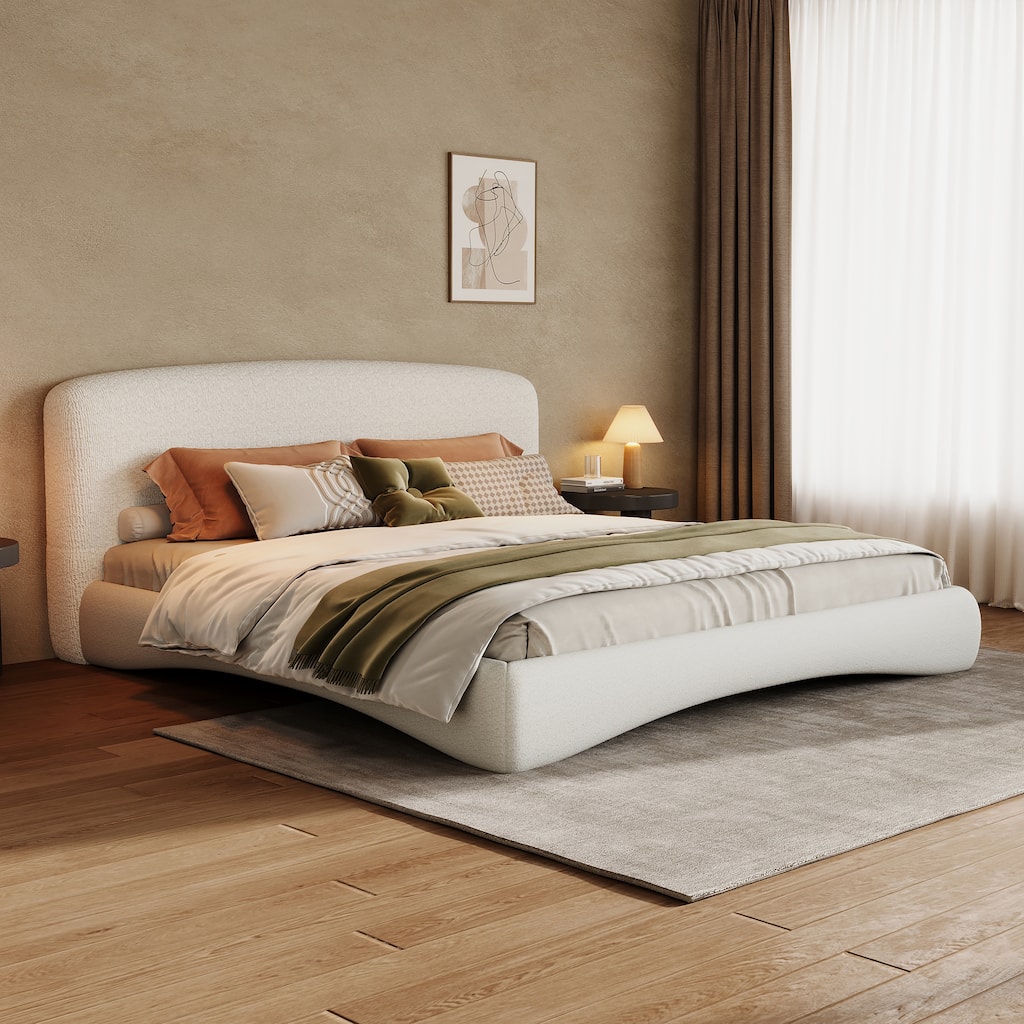 Curved Queen/King Upholstered Bed with Smart Ambient Lighting and Boucle Fabric