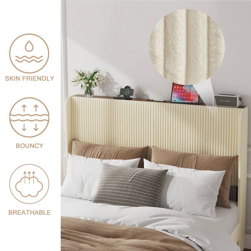 Roomfitters Metal Platform Bed Frame with Charging Station, Heavy Duty Mattress Foundation, No Box Spring Needed, Beige