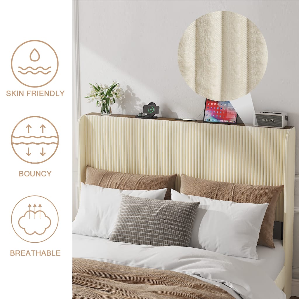Upholstered Platform Bed Frame with Tall Vertical Stripe Headboard