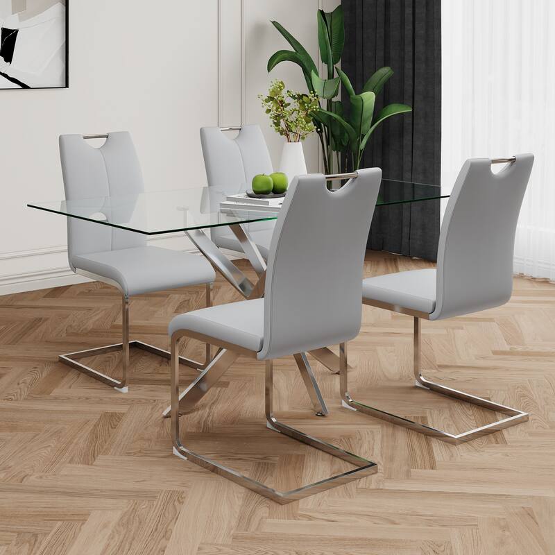 Modern Set of 2 Dining Chairs with Leather Cushioned Seat, Chrome Metal Legs, for Dining Room, Living Room, and Bedroom