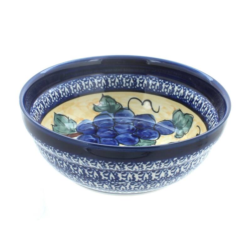 Blue Rose Polish Pottery Zaklady Cereal Bowl - Grapes  w/ Cobalt Rim