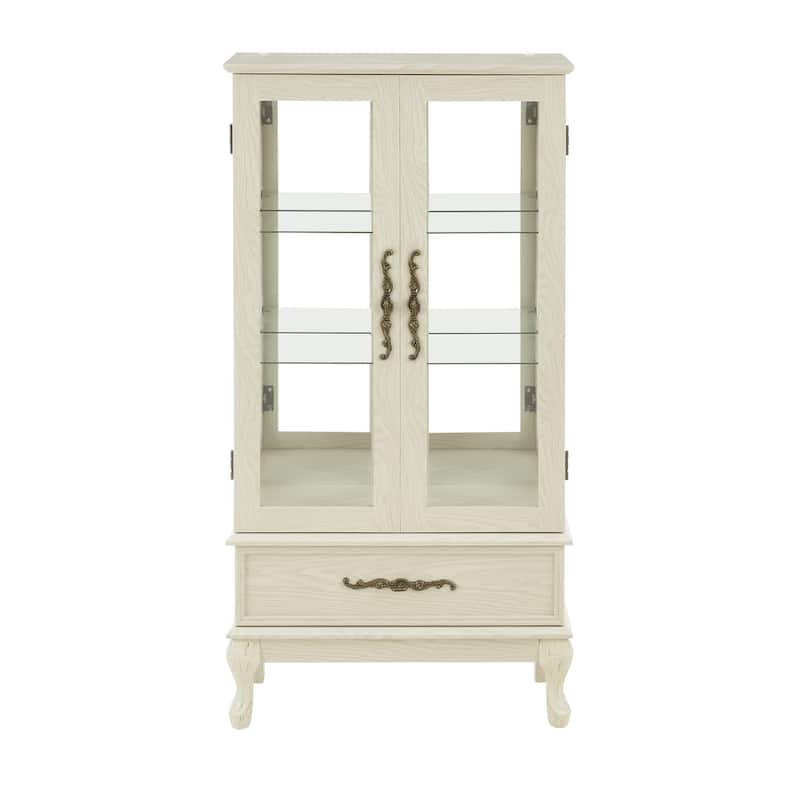 Curio Lighted Glass Cabinet Glass Wine Cabinet Curio Display Cabinet with Adjustable Glass Shelves 2 Doors and 1 drawer Cabinet