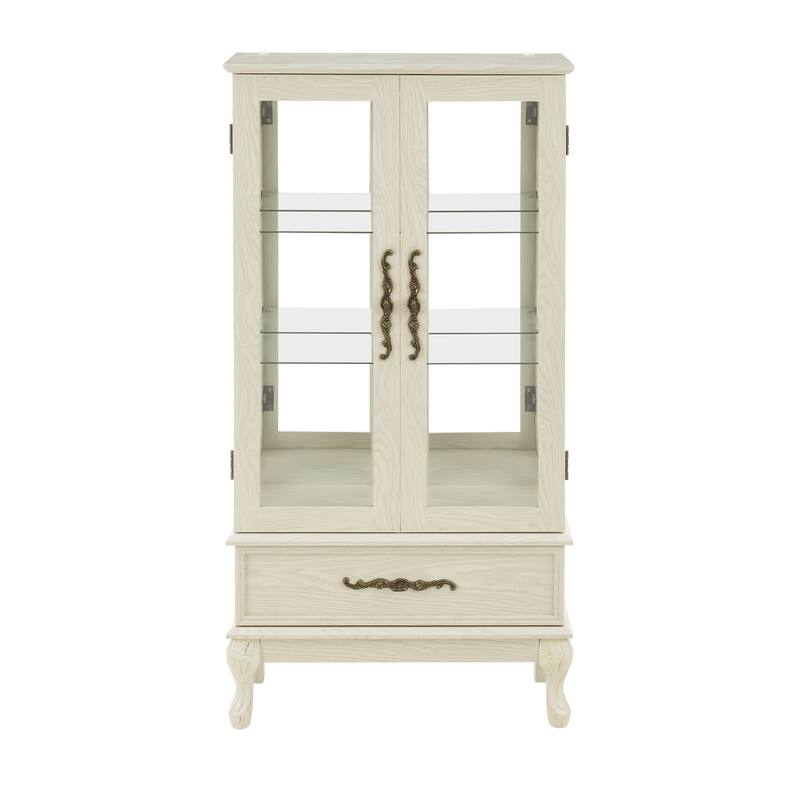 Vintage Display Cabinet with 2 Doors, Adjustable Glass Shelves and 1 Drawer