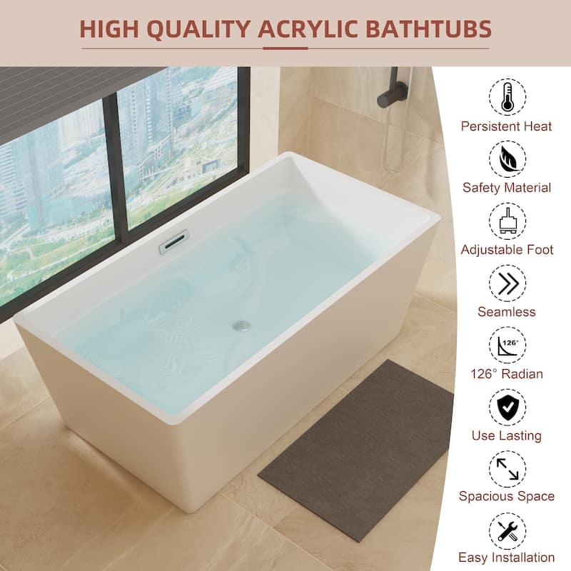 55''/59''/67'' Freestanding Bathtubs, Acrylic Soaking Bathtubs, Modern Spa Deep Soaking Tubs with Overflow & Drainer