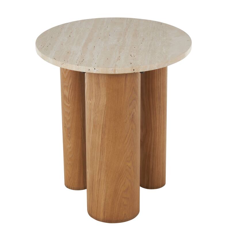 Wood Accent Table with Beige Round Marble Tabletop - Brown - Roche River Decor