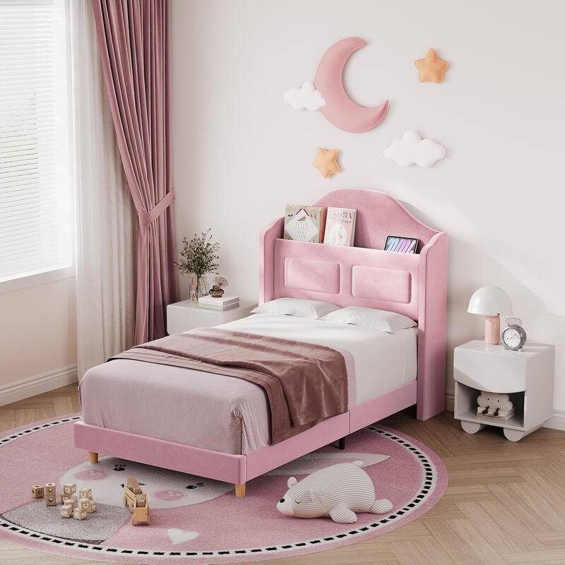 Twin Size Upholstered Velvet Platform Bed Frame for Kids with LED Lights Bookcase Headboard - Pink