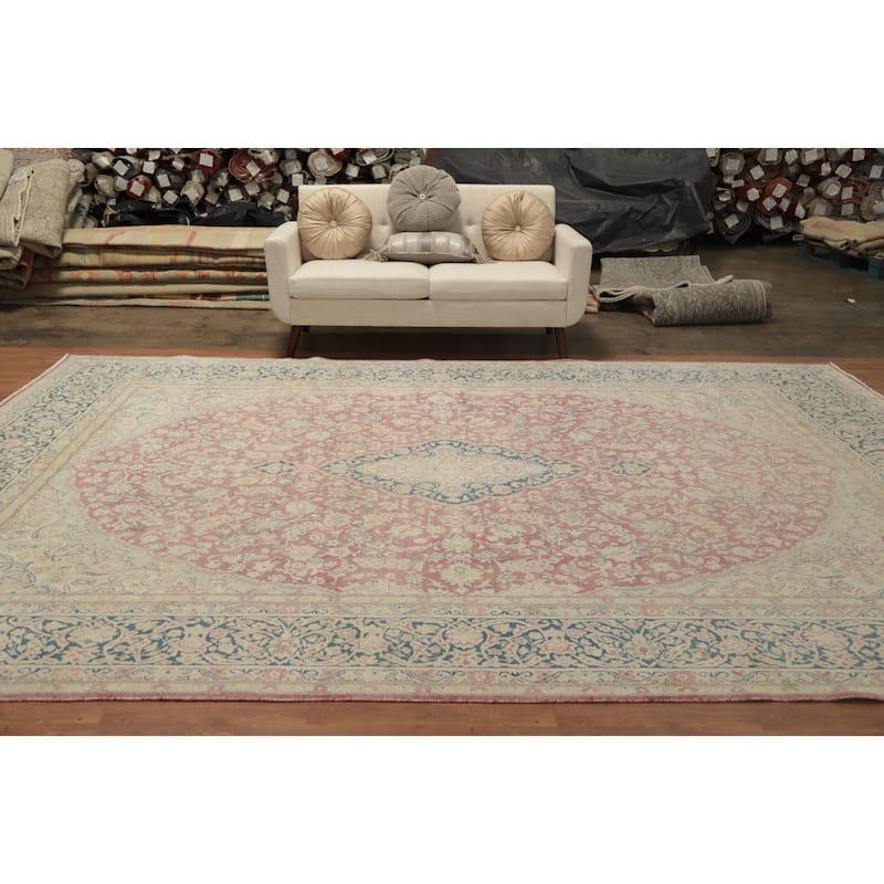 Hand Knotted Oriental 100% Wool Carpet Traditional Floral Pink Kerman Area Rug - 13' 0'' X 9' 7''