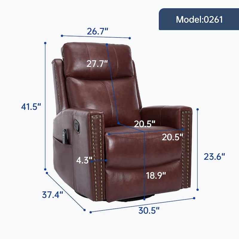 One Piece Genuine Leather Recliner Chair with Massage Heat Rocker and Swivel