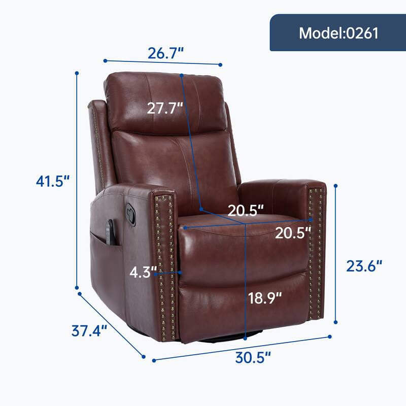 Roomfitters Genuine Leather Swivel Rocker Recliner, Manual Massage Glider with Heat and Top Grain Cowhide, Living Room
