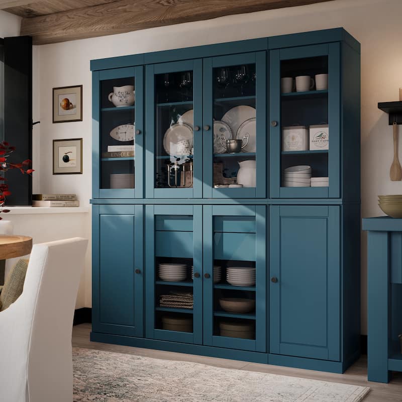 Palace Imports 100% Solid Wood Pantry China Cabinet, Raised Panel & Clear Glass Doors, 2 Drawers, 65" Wide, 71.5" Tall - Teal Blue