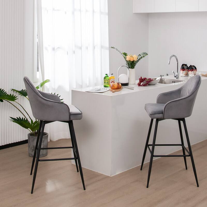 Gymax Set of 2 Velvet Bar Stools Swivel Pub Height Dining Chairs w/