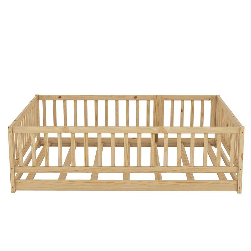 Full Size Pine Wood Floor Panel Bed with 7-Slat Support and Safety Fence and Removable Door Included