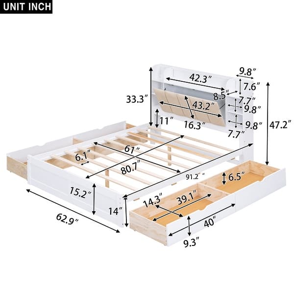 Queen Size Platform Kids Bed Frame with Storage Headboard, Shelves & 4-Drawers, White