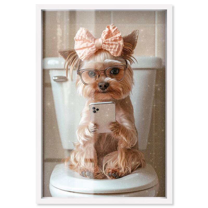 Cute Yorkie on the Toilet Shadowbox by Art Remedy - White - 10" x 15"
