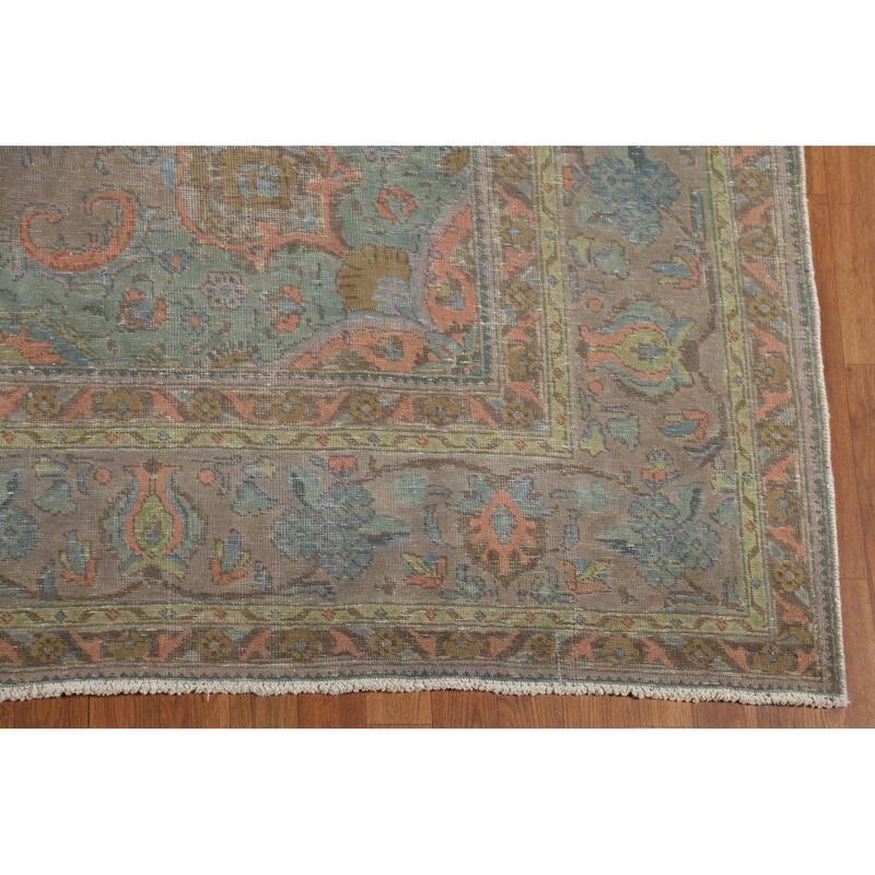 Distressed Gray Tabriz Persian Vintage Area Rug Handmade Wool Carpet - 8'8"x 12'0"