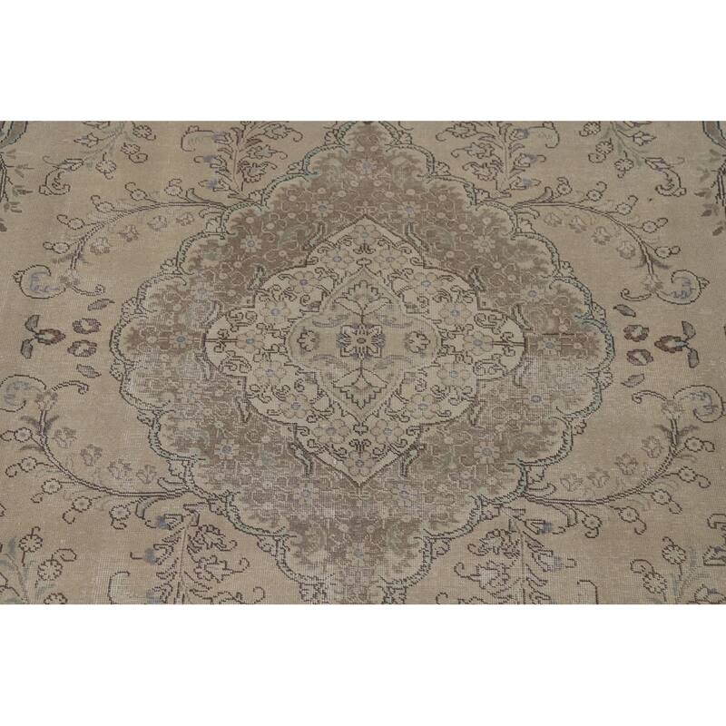 Distressed Tabriz Vintage Persian Rug Hand-Knotted Beige Wool Carpet - 9'6" x 12'8"