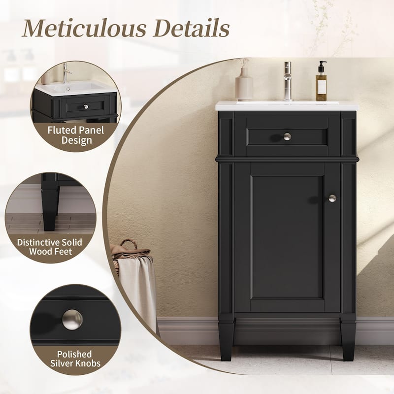 18" Freestanding Single Bathroom Vanity with Ceramic Sink, French Style Cabinet with Soft Close Door