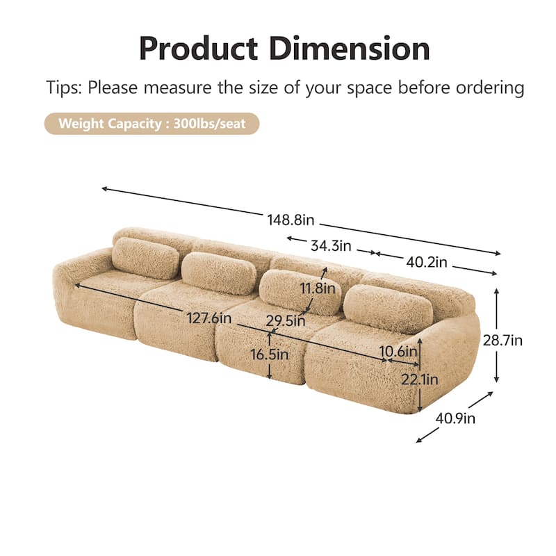 Modular Sectional Sofa, Plush Fabric Boneless Couch with Throw Pillows, 2/3/4-Seater Options, No Assembly