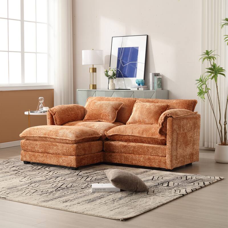 76'' Oversized Chenille Loveseat Sofa with Movable Ottoman Small Sofa for Apartment - Orange