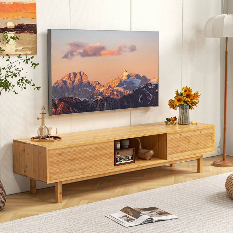 Costway 63" Bamboo TV Stand with 3 Storage Cubes Sliding Doors Mid - See Details