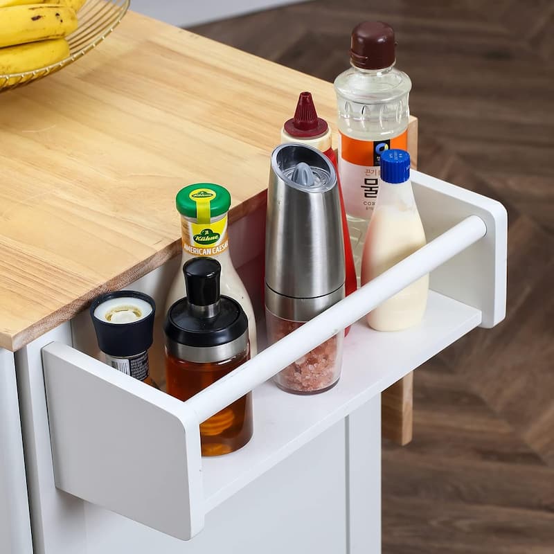 Rolling Kitchen Island with Drop Leaf - Mobile Cart with Wooden Countertop, Spice Rack, Adjustable Shelves & Drawers