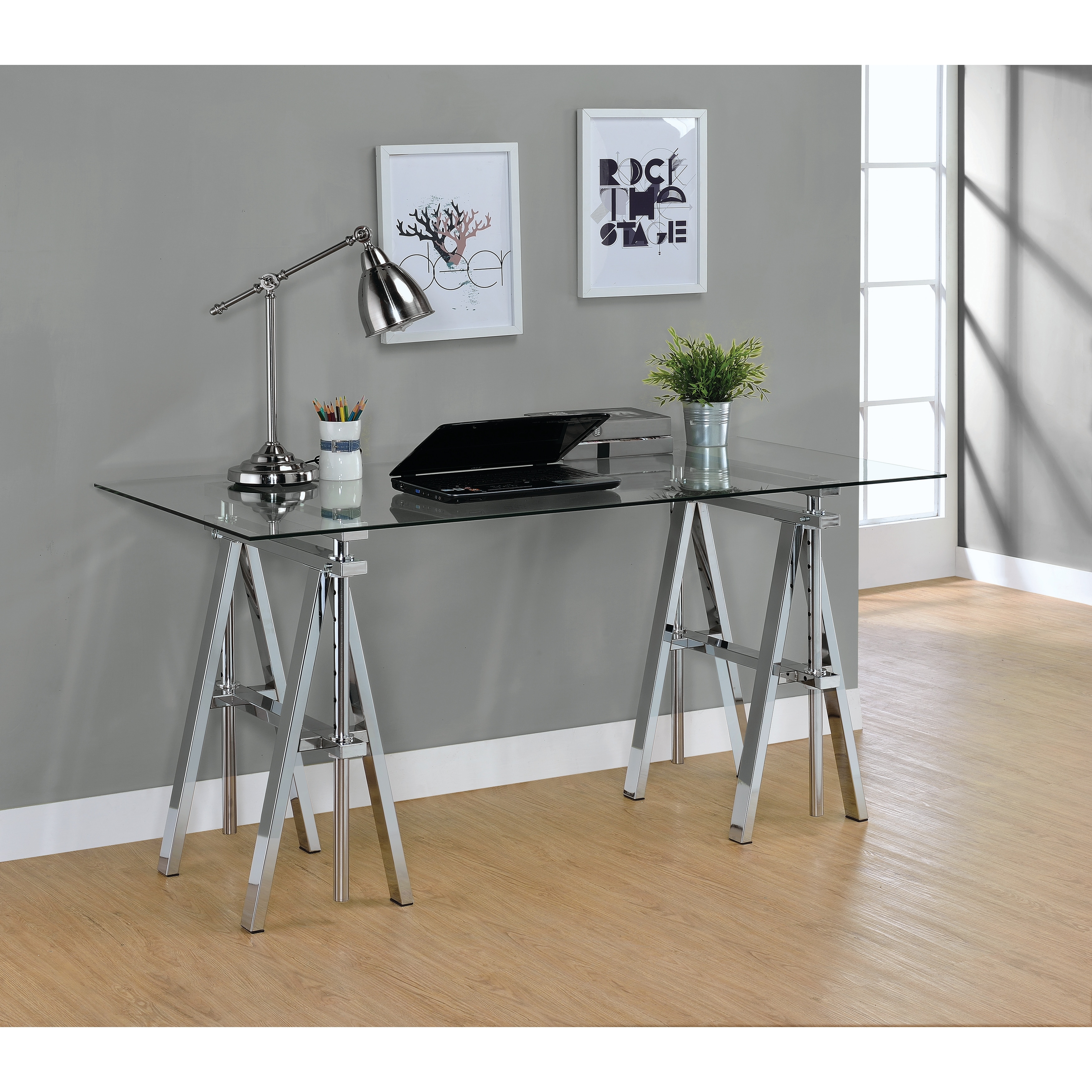 Casual Silver Glass Top Adjustable Writing Desk Overstock 22280845