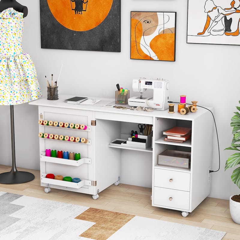 Costway Folding Sewing Table Charging Station Multifunctional Sewing - See Details