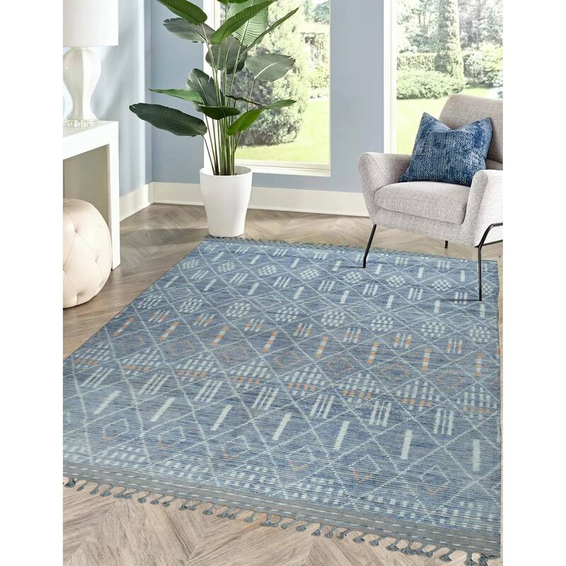 Home Decor Blue Hand-Knotted Wool Contemporary Marrakech Handspun Area Rug Stylish and Elegant Rug for Living Room, Bedroom, Off - 6'1 x 9'5' - Blue - Rectangle
