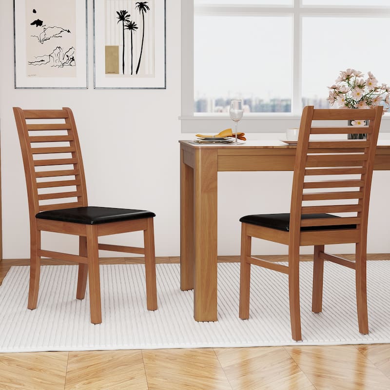 Set of 2 Rubber Wood PU Leather High-Back Farmhouse Dining Chairs Set with Ladder Design - 16" x 21" x 37"