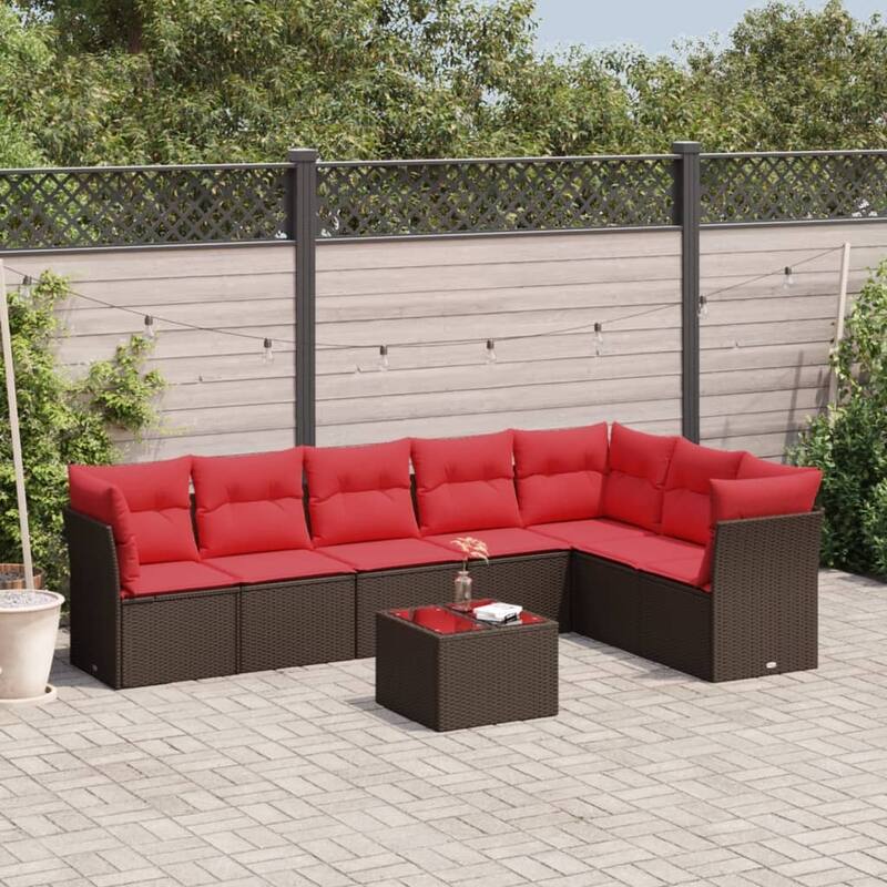 vidaXL Patio Sofa Set with Cushions Outdoor Furniture 8 Piece Poly Rattan - 21.7 x 24.4 x 27.2 - Brown and red With table