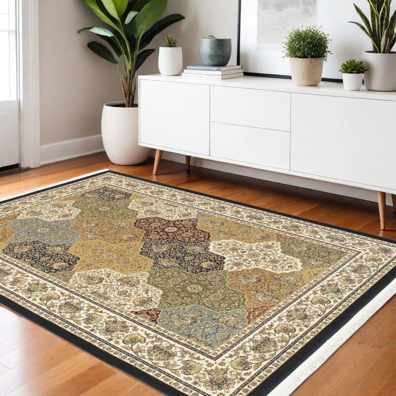 HomeRootsOriental Traditional Rectangle Area Rug - 64.96' X '46.06' X '0.16 - Black/Tan/Navy Blue