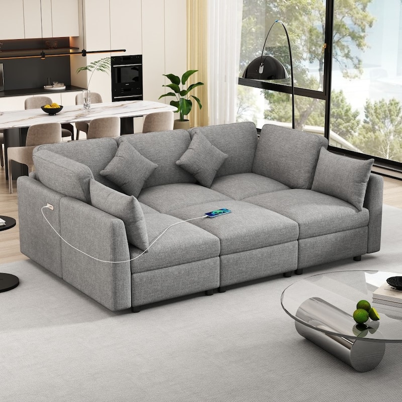 85.4" Modern U-shaped Chenille Modular Sectional Sofa with Movable Ottoman and Two USB Ports