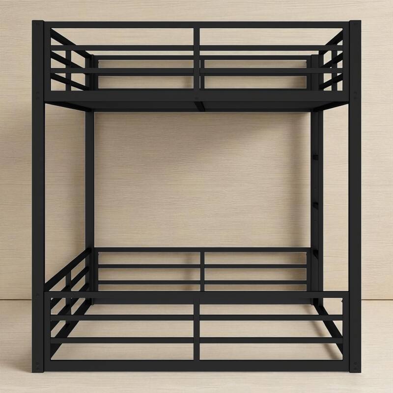 Metal Bunk Bed Twin XL/Full XL/Queen Over Queen, Heavy-Duty Low Bunk Frame with Guardrails and Quiet Design