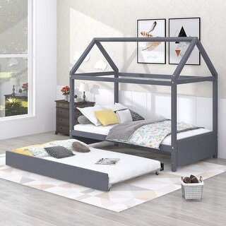 Pine Wood+MDF+Upholstery Easy Assembly 2 Beds in 1 Twin Size House Platform Bed with Trundle.