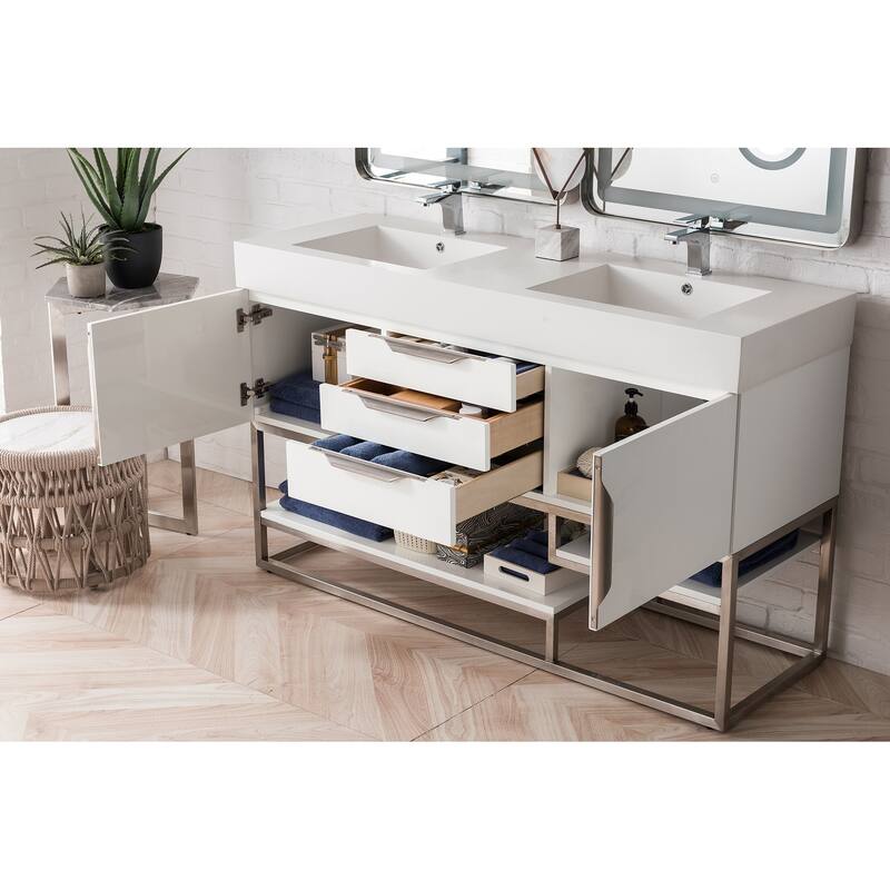 James Martin Vanities Columbia 59" Double Vanity, Glossy White with Brushed Nickel Hardware