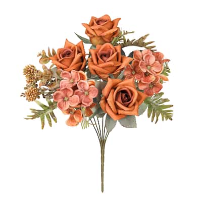 Set of 2 Orange Brown Artificial Mixed Tea Rose Hydrangea Berry Flower Stem Bush Bouquet 15in - 15" L x 9" W x 9" DP
