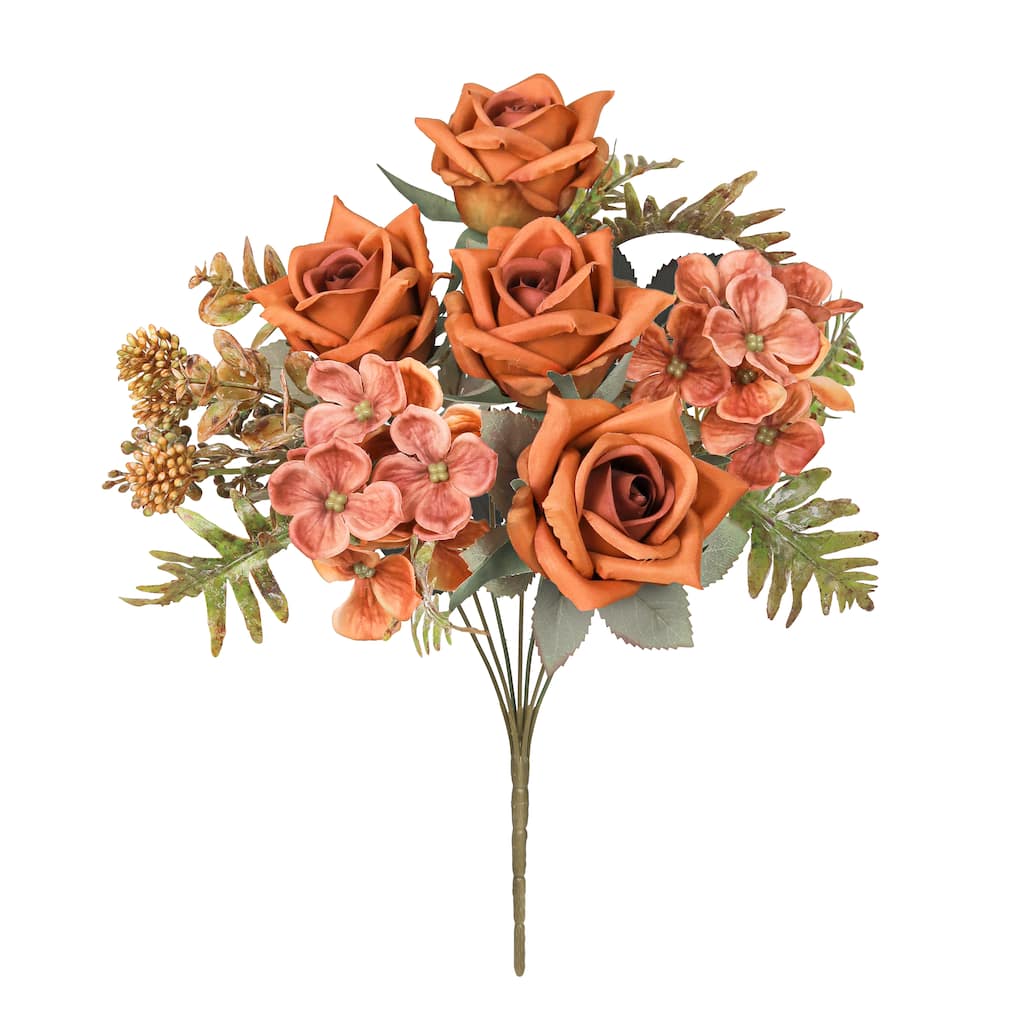 Set of 2 Orange Brown Artificial Mixed Tea Rose Hydrangea Berry Flower Stem Bush Bouquet 15in - 15" L x 9" W x 9" DP