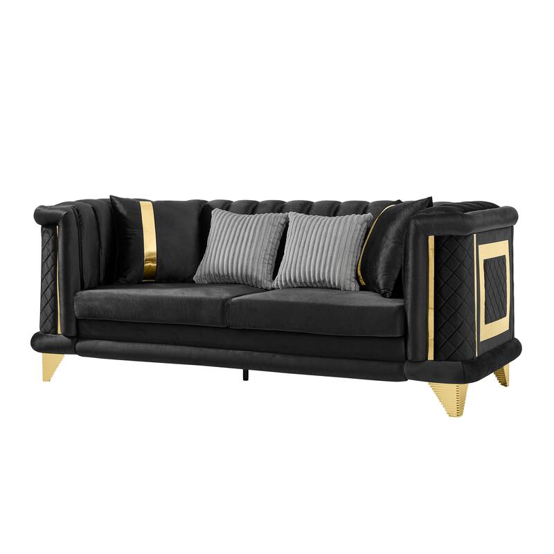 89 Inches Black Velvet 3 Seater Luxury Sofa with Gold Stainless Steel Trims and Embroidered Texture