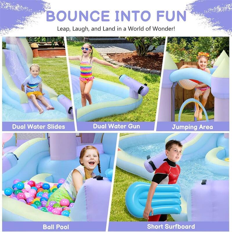 Inflatable Bounce House With Water Slide, W/Cloud Spray Water And 750W Air Blower