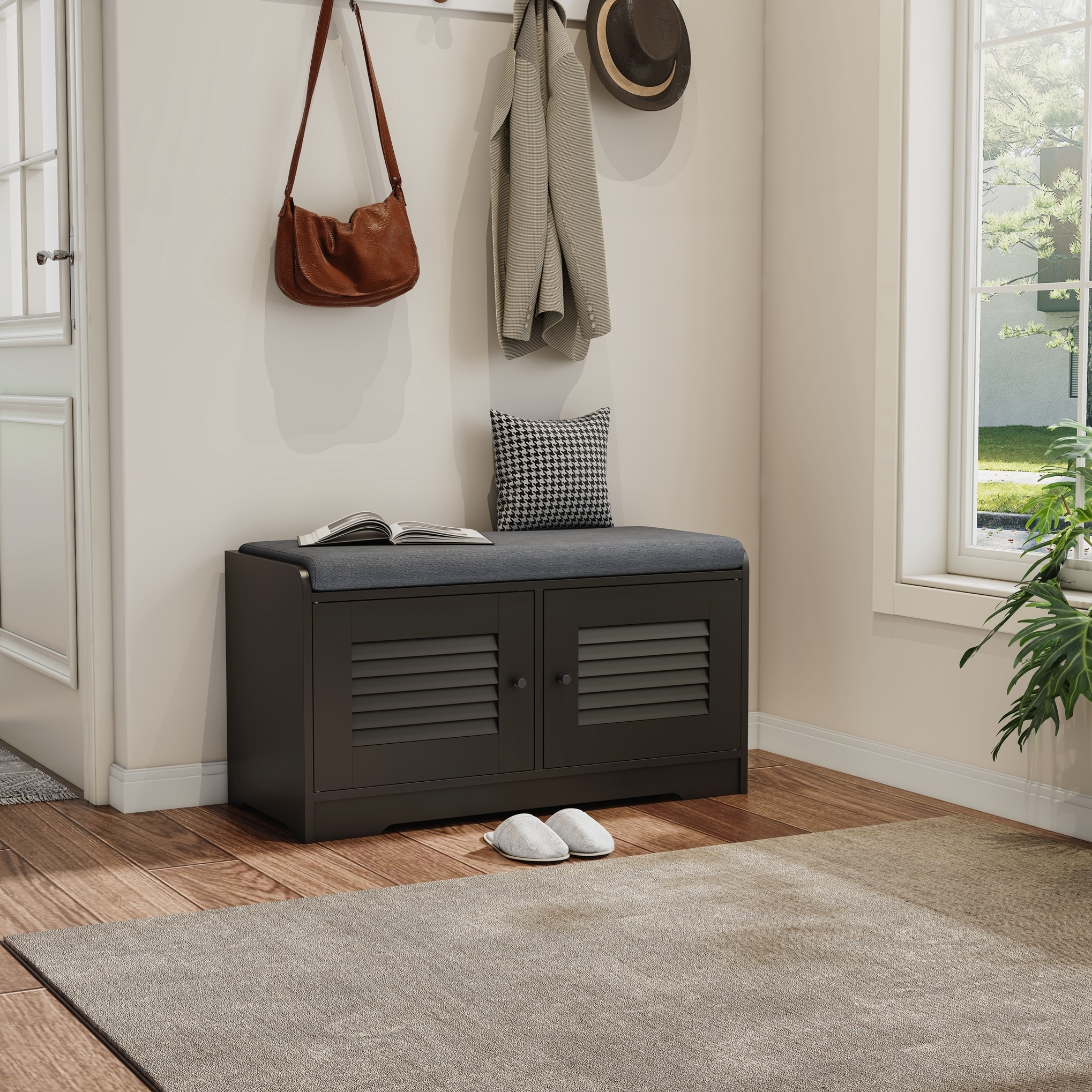 Entryway Bench with Shoe Storage, Shoe Bench with Cushion, Adjustable Shelves