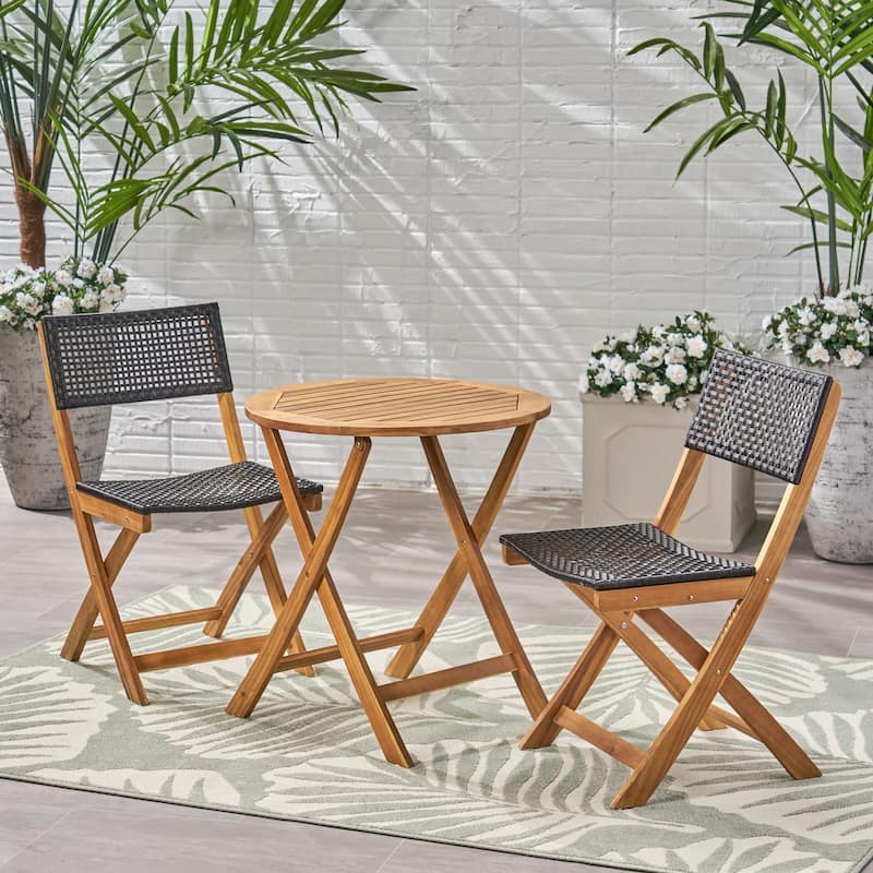 3 Piece Acacia Wood Patio Folding Bistro Set with Wicker Weave Seating and Backrest