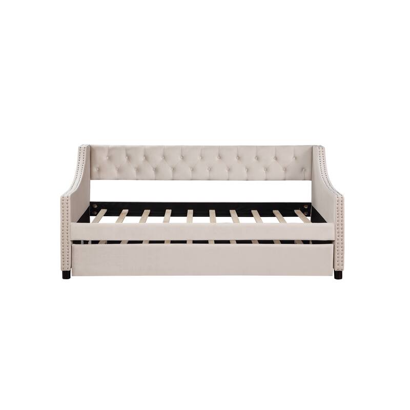 Full Size Daybed with Trundle Upholstered Tufted Sofa Bed, with Button and Copper Nail