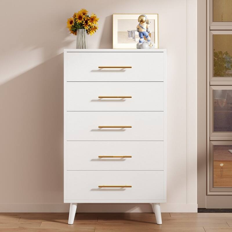 5 Drawer Dresser for Bedroom, High Drawer Chest of Drawers with Metal Knobs