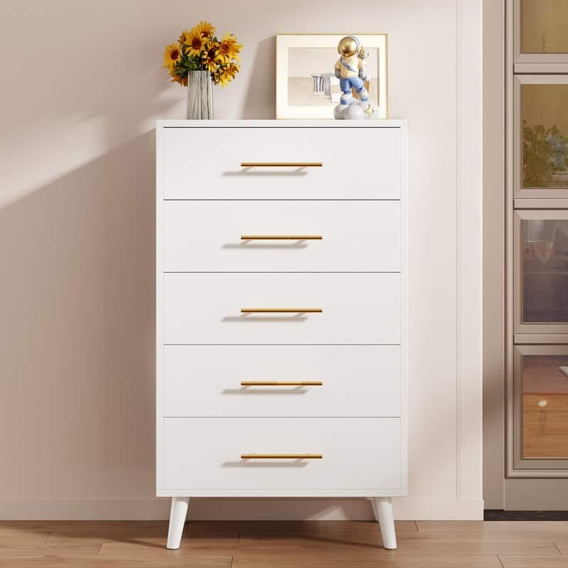 5 Drawer Dresser for Bedroom, High Drawer Chest of Drawers with Metal Knobs