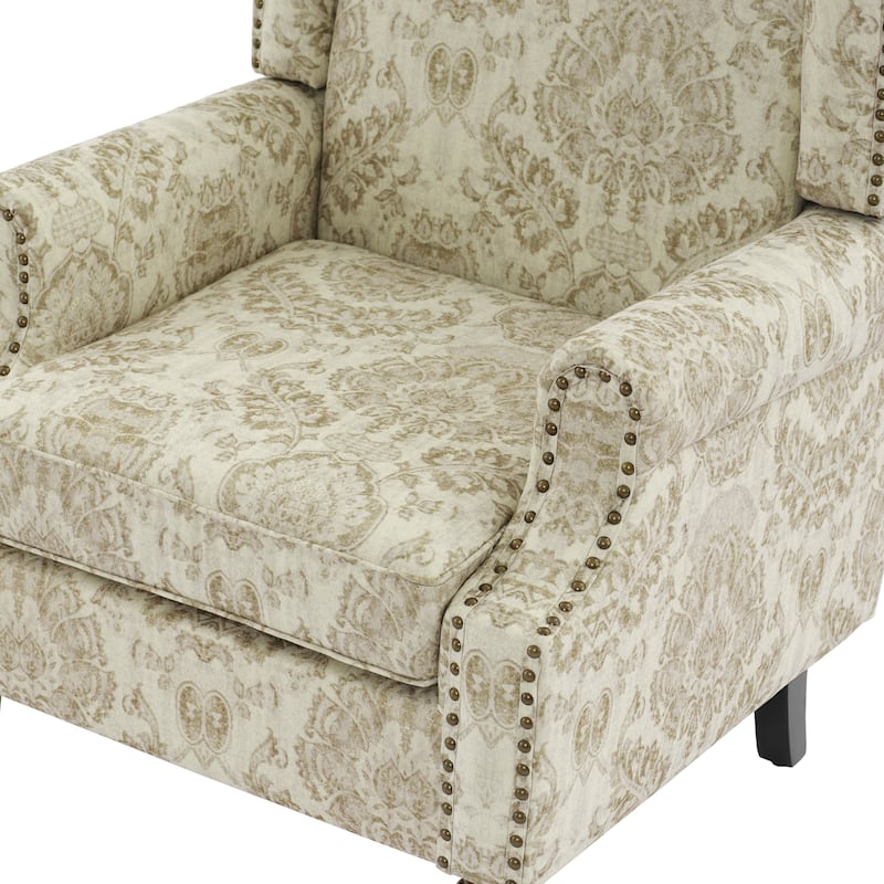 Traditional Floral Patterned Wingback Armchair with Nailhead Trim