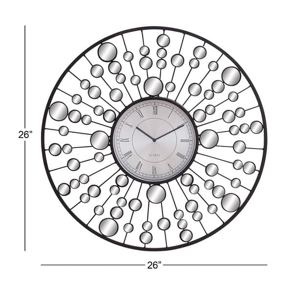 Black Metal Radial Starburst Decorative Wall Clock with Mirrored Accents - 26"D