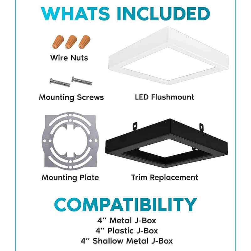 Luxrite 4" Square LED Flush Mount 10W 3 Color Selectable 600 Lumens Dimmable Damp Rated Black Trim 2 Pack