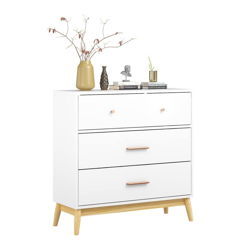 Nordic Style 3-Drawer Storage Cabinet, Modern White Chest of Drawers with Rose Gold Handles & Solid Wood Base